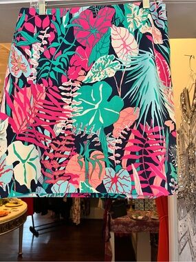 Talbots Tropical Print Mini Skirt in Navy, Hot Pink, Teal and Coral Cotton 8p